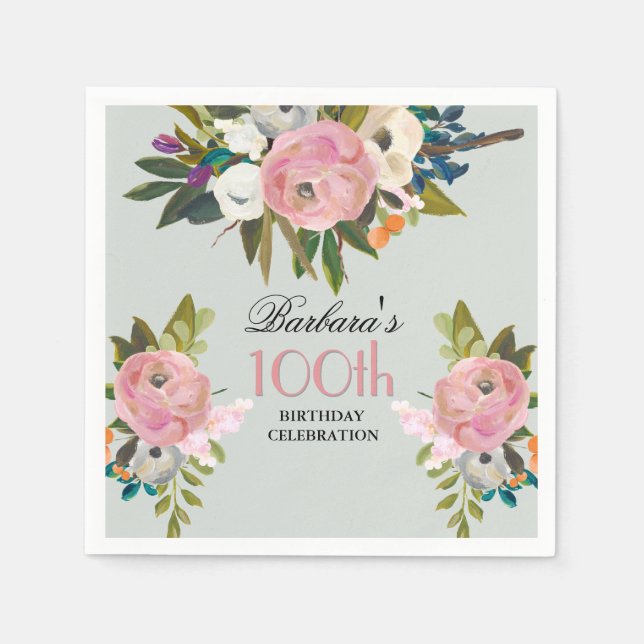 Guardanapo De Papel Elegant Handpainted Floral 100th Birthday Party  (Frente)