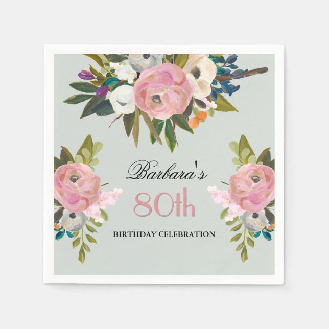 Guardanapo De Papel Elegant Handpainted Floral 80th Birthday Party  (Frente)