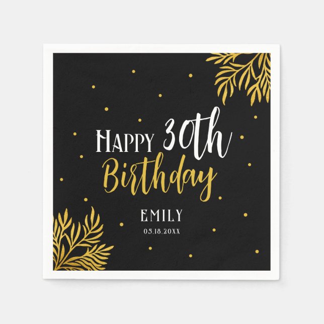 Guardanapo De Papel Elegant Happy 30th Birthday Gold Foliage Party (Frente)