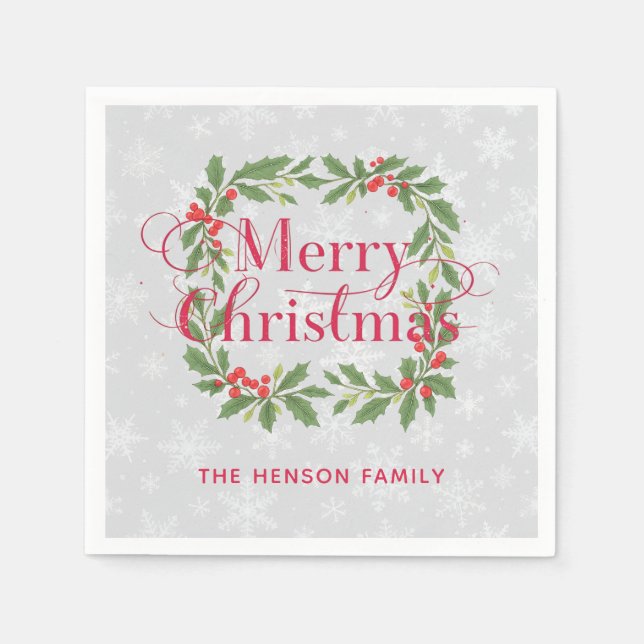 Guardanapo De Papel Elegant Holly Wreath Merry Christmas (Frente)