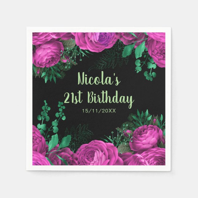 Guardanapo De Papel Elegant Hot Pink Flowers Birthday Party (Frente)