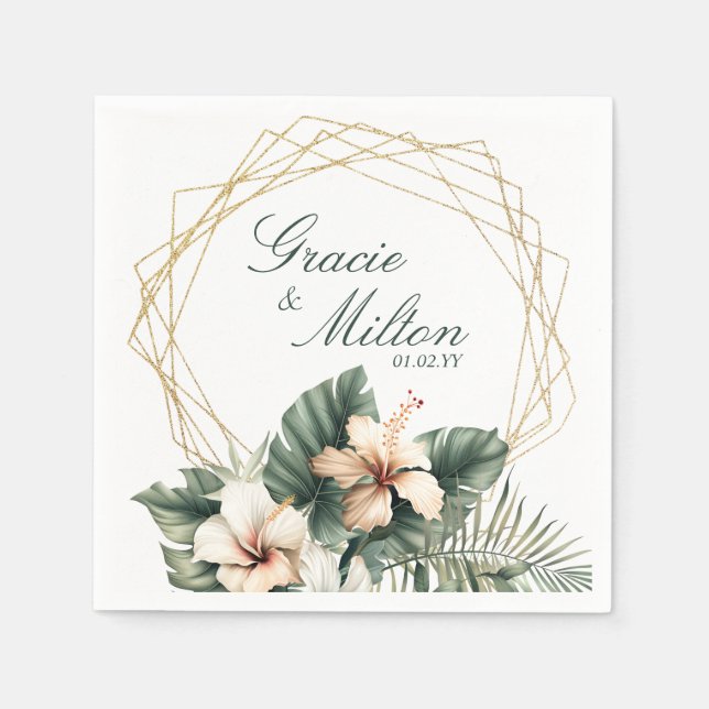 Guardanapo De Papel Elegant Monogram Floral Tropical Wedding   (Frente)