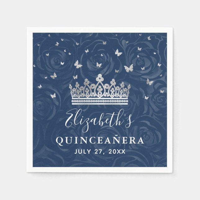 Guardanapo De Papel Elegant Navy Blue and Silver Crown Quinceanera (Frente)