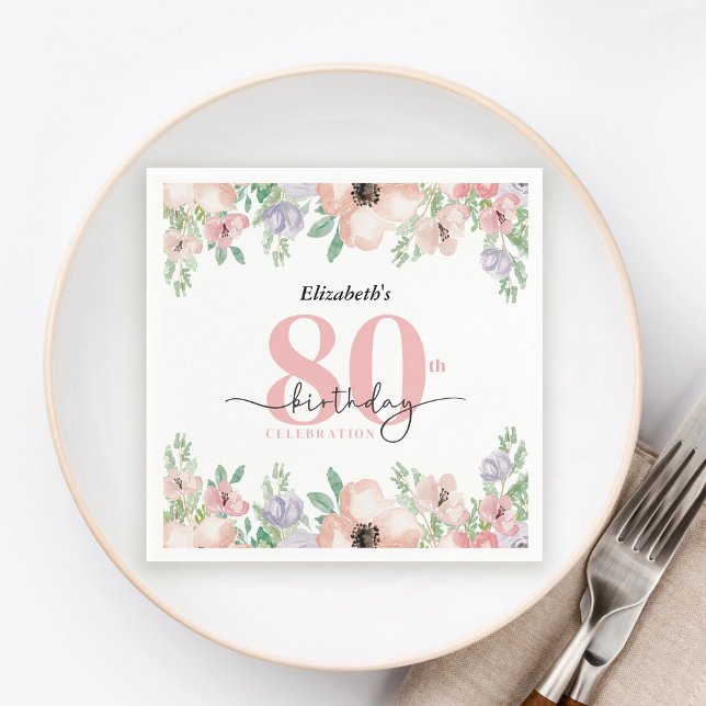 Guardanapo De Papel Elegant Pastel Floral 80th Birthday Party (Criador carregado)