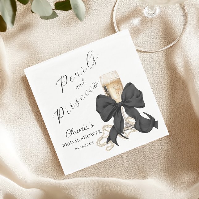 Guardanapo De Papel Elegant Pearls & Prosecco Black Bow Bridal Shower  (Pearls & Prosecco Bridal Shower Black Bow Napkin)