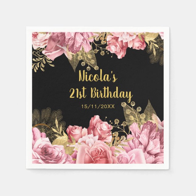 Guardanapo De Papel Elegant Pink and Gold Flowers Birthday Party (Frente)