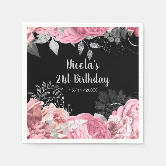 Guardanapo De Papel Elegant Pink and Silver Flowers Birthday Party (Frente)
