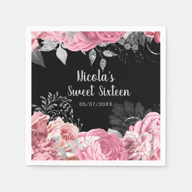 Guardanapo De Papel Elegant Pink and Silver Flowers Sweet Sixteen  (Frente)