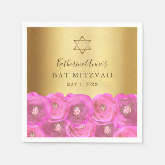 Guardanapo De Papel Elegant Pink Rose Floral Gold Bat Mitzvah