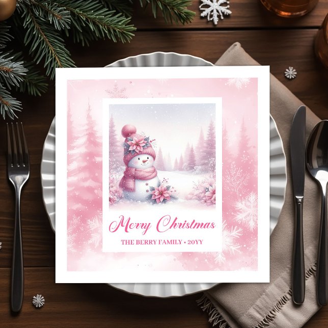 Guardanapo De Papel Elegant Pink Snowman Family Gift Winter Scene Xmas (Charming Pink Snowman Pinkmas Winter Forest Napkins)