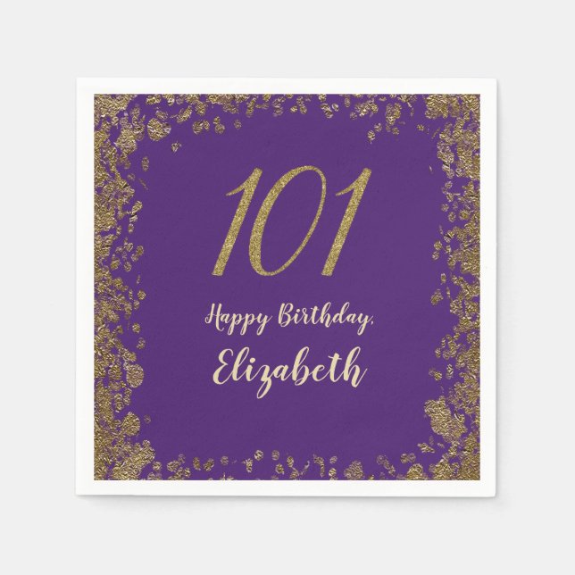 Guardanapo De Papel Elegant Purple and Gold 101st Birthday (Frente)