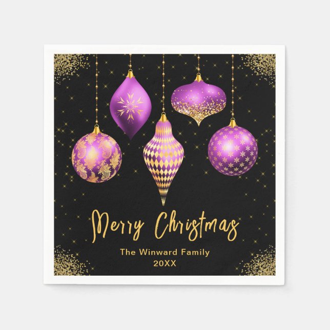 Guardanapo De Papel Elegant Purple and Gold Ornament Christmas (Frente)