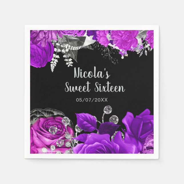 Guardanapo De Papel Elegant Purple and Silver Flowers Sweet Sixteen  (Frente)