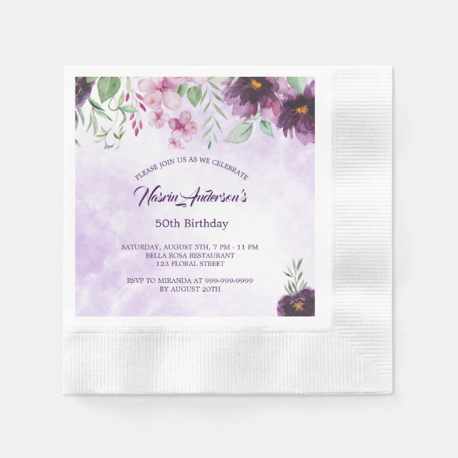 Guardanapo De Papel Elegant Purple Floral Birthday Invitation (Frente)