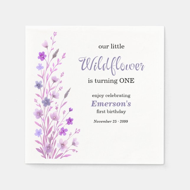 Guardanapo De Papel Elegant Purple Wildflower 1st Birthday Party (Frente)