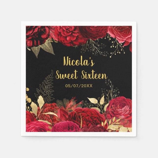 Guardanapo De Papel Elegant Red and Gold Flowers Sweet Sixteen  (Frente)