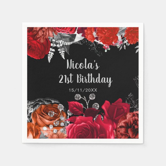 Guardanapo De Papel Elegant Red and Silver Flowers Birthday Party (Frente)