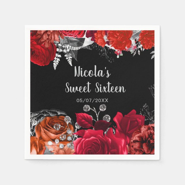 Guardanapo De Papel Elegant Red and Silver Flowers Sweet Sixteen  (Frente)