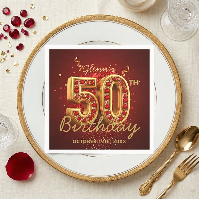 Guardanapo De Papel Elegant Red Gold 50th Birthday Party Glam (Criador carregado)
