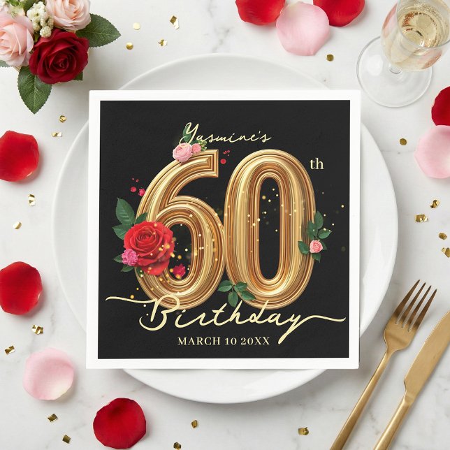 Guardanapo De Papel Elegant Red Rose Black and Gold 60th Birthday (Criador carregado)