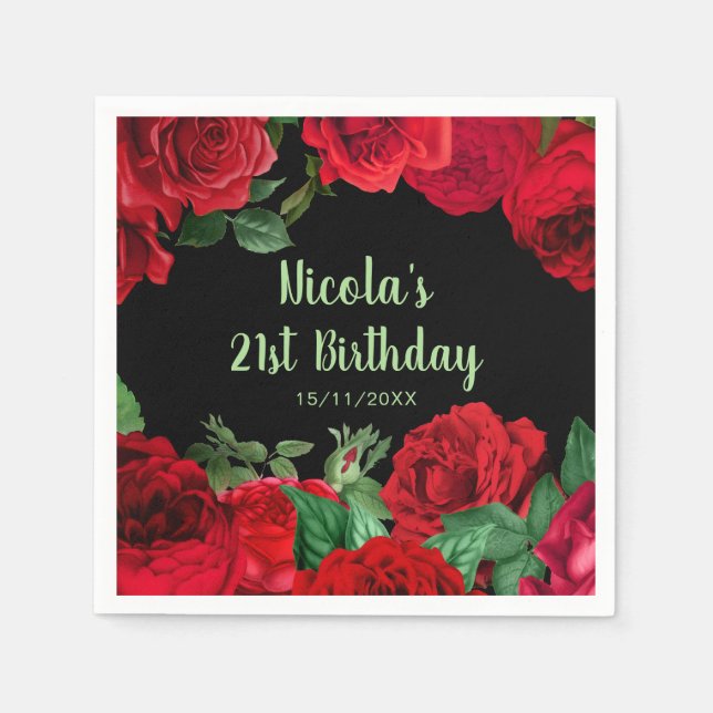 Guardanapo De Papel Elegant Red Roses Flowers Birthday Party (Frente)