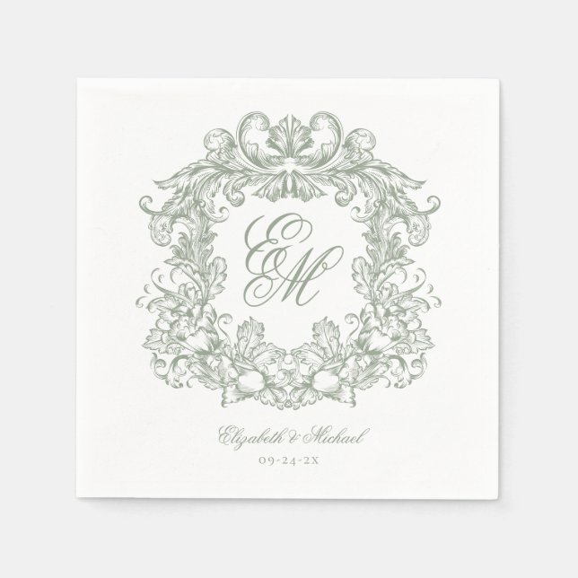Guardanapo De Papel Elegant Sage Green Monogram Crest Script Wedding (Frente)