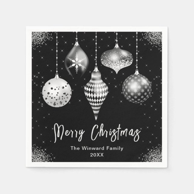 Guardanapo De Papel Elegant Silver and Black Ornament Christmas (Frente)