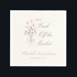 Guardanapo De Papel Elegant soft Fresh off the market bridal shower<br><div class="desc">Celebrate the bride-to-be with this elegant “She’s Fresh Off the Market” bridal shower invitation, featuring a delicate hand-drawn floral bouquet, soft blush accents, graceful blue typography, and a charming soft green striped background for a fresh botanical touch. Perfect for garden bridal showers, floral brunches, spring celebrations, and feminine pre-wedding parties,...</div>