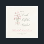 Guardanapo De Papel Elegant soft Fresh off the market bridal shower<br><div class="desc">Celebrate the bride-to-be with this elegant “She’s Fresh Off the Market” bridal shower invitation, featuring a delicate hand-drawn floral bouquet, soft blush accents, graceful blue typography, and a charming soft green striped background for a fresh botanical touch. Perfect for garden bridal showers, floral brunches, spring celebrations, and feminine pre-wedding parties,...</div>