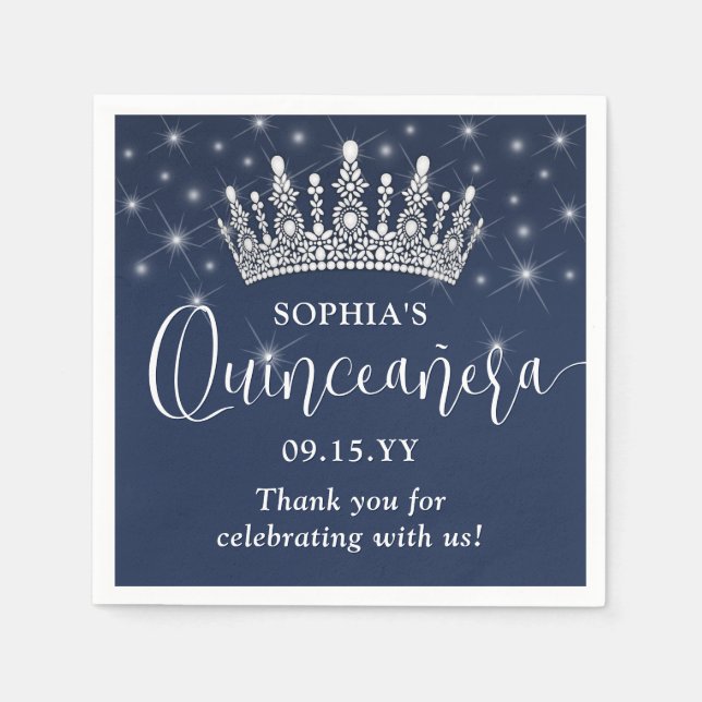 Guardanapo De Papel Elegant Sparkles Quinceañera Crown Navy Blue (Frente)
