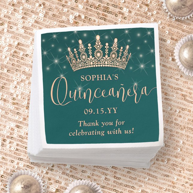 Guardanapo De Papel Elegant Sparkles Rose Gold Quinceañera Crown Green (Criador carregado)