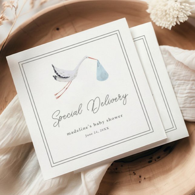 Guardanapo De Papel Elegant Stork Chá de fraldas (Elegant hand painted stork blue boys baby shower napkins.)