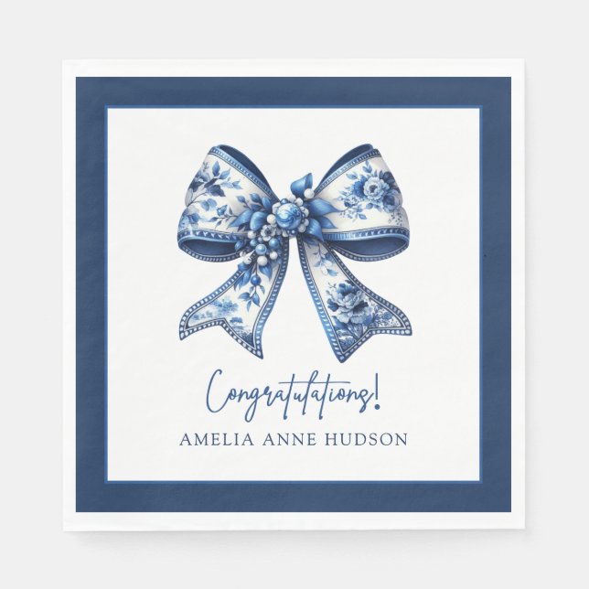 Guardanapo De Papel Elegant Stylish Blue Floral Bow Congratulations (Frente)