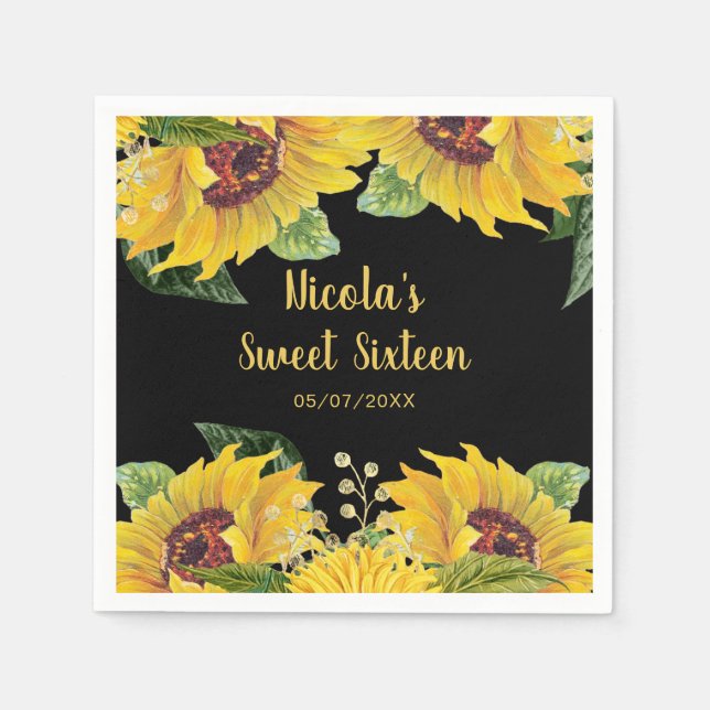 Guardanapo De Papel Elegant Sunflowers and Foliage Sweet Sixteen (Frente)