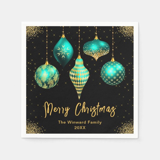 Guardanapo De Papel Elegant Teal and Gold Ornament Christmas (Frente)