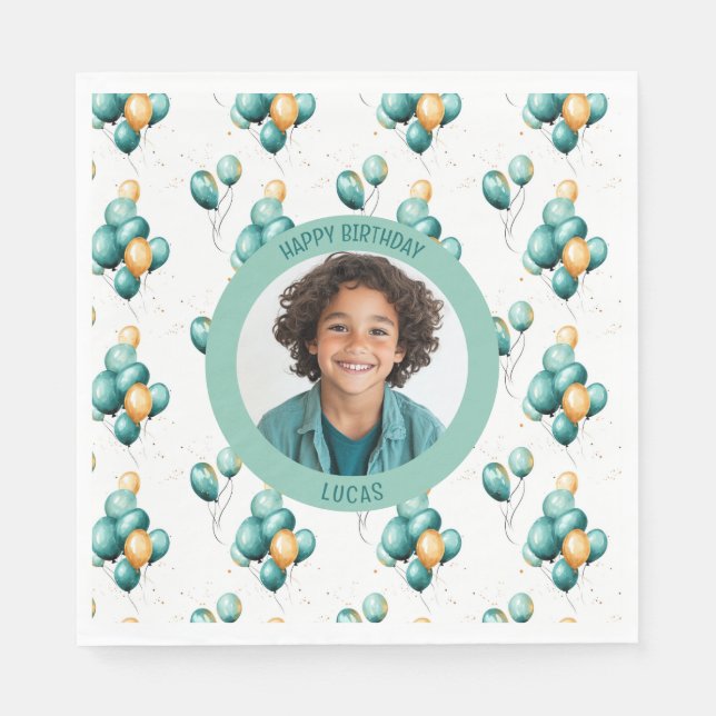 Guardanapo De Papel Elegant Teal Balloons Photo (Frente)