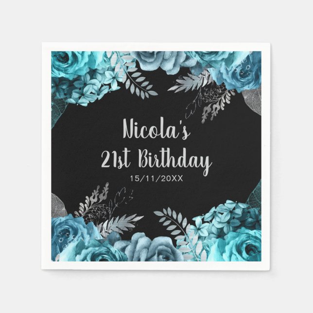 Guardanapo De Papel Elegant Teal Blue and Silver Flower Birthday Party (Frente)