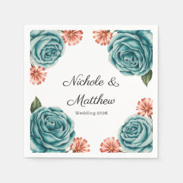 Guardanapo De Papel Elegant Teal Rose & Orange Daisey Wedding
