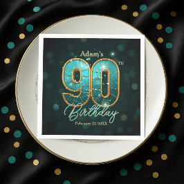 Guardanapo De Papel Elegant Vibrant Teal and Gold 90th Birthday