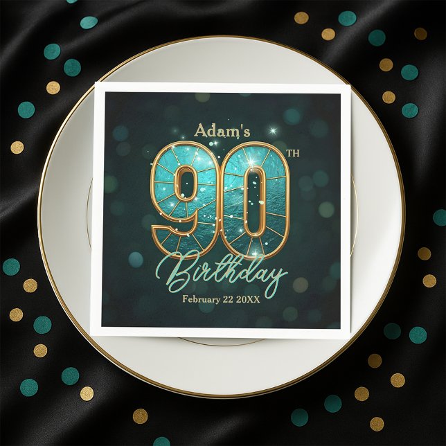 Guardanapo De Papel Elegant Vibrant Teal and Gold 90th Birthday (Criador carregado)