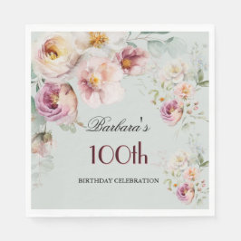 Guardanapo De Papel Elegant Watercolor Floral 100th Birthday Party 