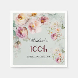 Guardanapo De Papel Elegant Watercolor Floral 100th Birthday Party 