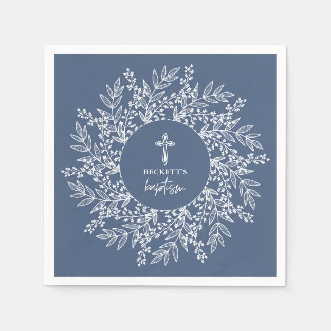 Guardanapo De Papel Elegant Wreath and Cross Blue Boy Baptism (Frente)