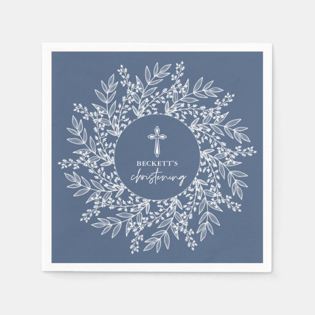 Guardanapo De Papel Elegant Wreath and Cross Blue Boy Christening (Frente)