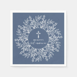 Guardanapo De Papel Elegant Wreath and Cross Blue Boy First Communion