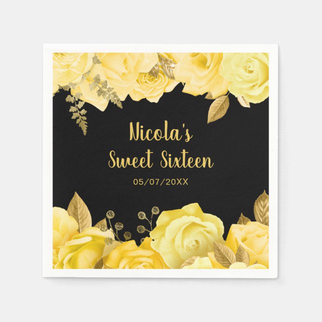 Guardanapo De Papel Elegant Yellow and Gold Flowers Sweet Sixteen (Frente)