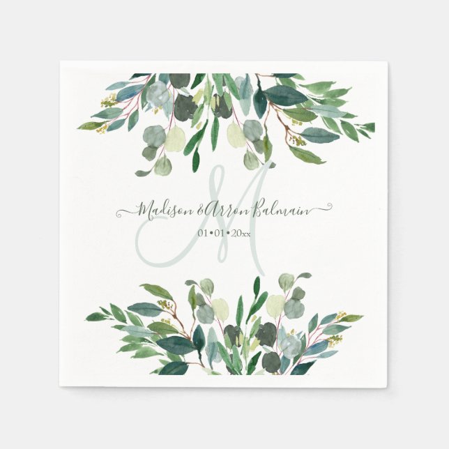 Guardanapo De Papel Elegante Aquarela Azul Goma Eucalyptus Monograma (Frente)