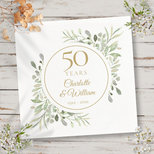 Guardanapo De Papel Elegante Aquarela de Folhagem de Ouro de 50º Anive (Elegant Gold 50th Anniversary Watercolor Greenery Napkins)