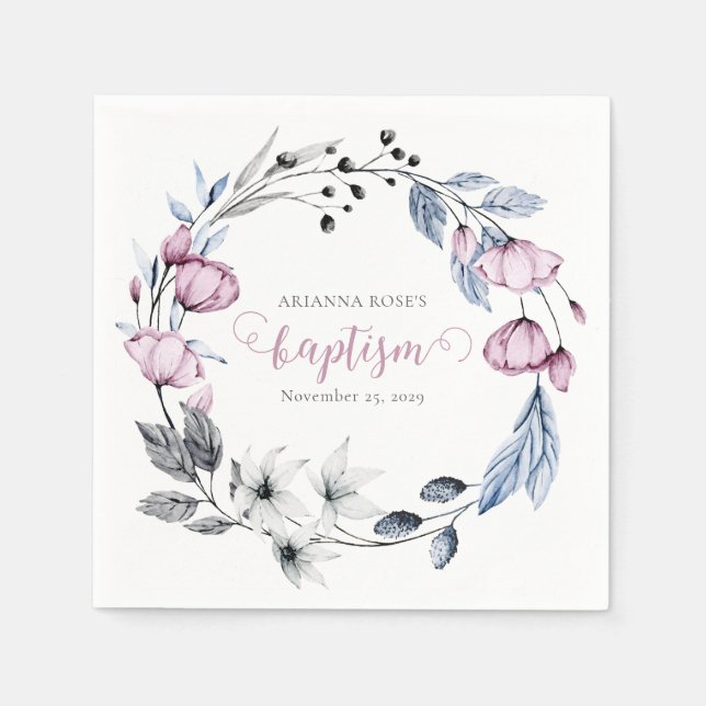 Guardanapo De Papel Elegante Aquarela Floral Wreath Baptism (Frente)