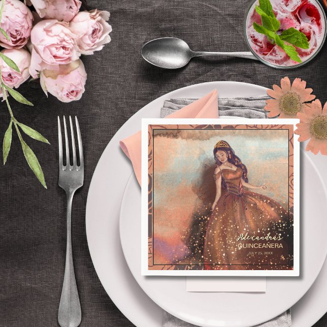 Guardanapo De Papel Elegante Aquarela Rosa de Cobre Quinceañera Napkin (Elegant Watercolor Copper Rose Quinceañera Napkin)
